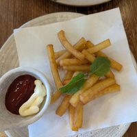 Mung bean fries with vegan majo and ketchup (nice, it tastes like real fries but the portion is a little bit small) at Kem-Kon KhaoSan (เข้ม-ข้น ข้าวสาร) in Bangkok