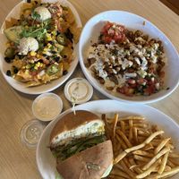 Nachos w/added Avocado, Cauliflower Chickpea Shawarma Bowl,                                                Special made gluten-free Poppin Jalapeño Burger w/Fries & Ranch  at Native Foods in Glendale
