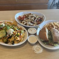 Nachos w/added Avocado, Cauliflower Chickpea Shawarma Bowl,                                                Special made gluten-free Poppin Jalapeño Burger w/Fries & Ranch  at Native Foods in Glendale