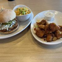 Big Dill Sandwich (monthly special) w/Mac & Cheese                                  (The sandwich was SO Good!!!)    Thai Chili Cauliflower Dippers           w/Ranch  at Native Foods in Glendale