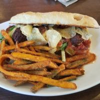 Meatball sandwich with sweet potato fries at Native Foods in Glendale