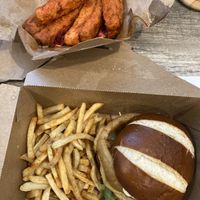 Burger w/fries & crispy buffalo wings at Native Foods in Glendale
