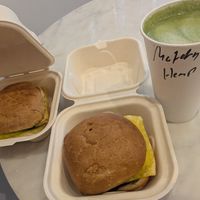 Vegan breakfast sandwich, vegan pesto melt, and 16 oz hot matcha with hemp milk at Retro Coffee  in Seattle