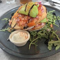 Avocado Stack with added vegan aioli   at Andonis Cafe & Bar in Fortitude Valley