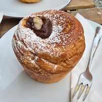 Chocolate hazelnut cruffin- filled all the way through with chocolate spread. at Underdogs' Café in Prague