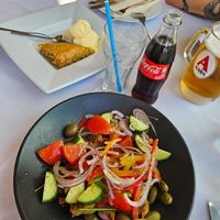 Vegan Greek salad and baklava at Lofaki Bar Restaurant in Kos