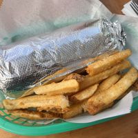 Vegan burrito and fries  at Underdogs Tres in San Francisco
