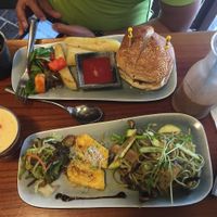 Yummy veggie burger (with Sheeze) and spaghetti dish  at Veggie Spinner 素食微調 in Hong Kong Island