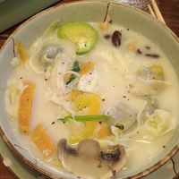 Soup $68 shown on door ( it's not on menu). Dumplings, tofu, mushrooms, pumpkin at Veggie Spinner 素食微調 in Hong Kong Island