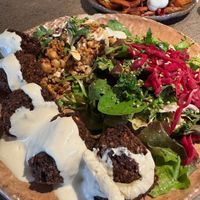 Falafel & tahini sauce, grain salad, with sweet potato fries (big enough to share) at Honest Greens in Valencia