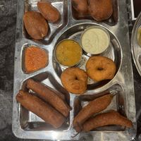 Bajji Platter - Chilli, Plantain, Onion & Potato Bajji and Medu Vada - All Vegan  at Saravana Bhavan in Mississauga