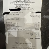 Receipt   at Saravana Bhavan in Mississauga