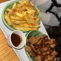 None fried chickn (mushroom) with salt n pepper chips  at Evoden in Manchester