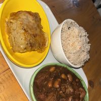 Mac and cheese (slaps, so good) none oxtail soup (jackfruit) with rice and pea  at Evoden in Manchester