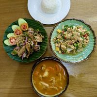 Tofu Massaman, Stir fried Vegan Meat with Holy Basil and Vegan Pork North Eastern Salad  at Begin Vegan Food in Chiang Mai