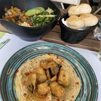 Hummus with tempura aubergine and a hummus and avo Buddha bowl  at Soul Food in Valletta