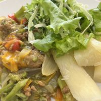 Vegan meat and veggies, mandioca, salad   at KomerSano in Ciudad Del Este