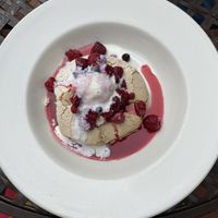 Meringue, ice cream and berries  at Amandines in Diss