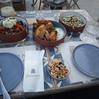 Naxos salad (with non-vegan feta) and chickpea salad at Avaton 1739 - Coffee & Wine Roof in Naxos