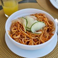 Spaghetti in a tomato sauce at Portofino's in Puerto Villamil