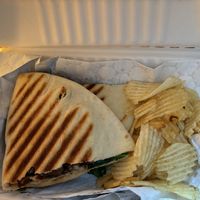 Vegan steak sandwich with chips is the best entree heree  at Honest Coffee Roasters in Huntsville