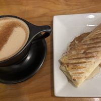 Hot chai tea with oat milk and berries and cream panini with no bananas   at Honest Coffee Roasters in Huntsville