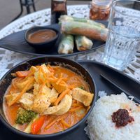 Spring rolls in the back and cashew nuts tofu in chilli sauce in the front. at Sen Chay in Helsinki