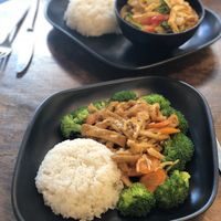 Soy slices and vegetables in front, nut curry in the back. Both delishious! at Sen Chay in Helsinki