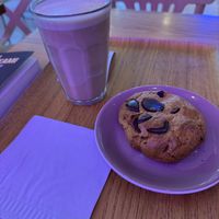 Oat latte and banana chocolate cookie (a LOT of chocolate)   at Bluebird Coffee in Rennes
