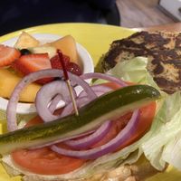 “Burger” and fruit  at Fig Tree Cafe in Barnstable