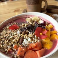 Vegan yogurt and fruit bowl   at Kuruba in Cuenca