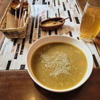 Lunch special includes soup, a drink, a main, and a small dessert. at Kuruba in Cuenca