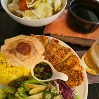 From left to right: Noodle soup, puerh tea, fried seitan cutlet, vinegar drink. at WhoTogether 胡同飲集聚場 in Taichung