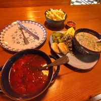 Borsch and mixed greens (beans soup &.pickles) at Sadguri in Borjomi