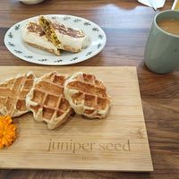 Waffles, breakfast burrito, and mushroom coffee #Veganuary at juniper seed in Cincinnati