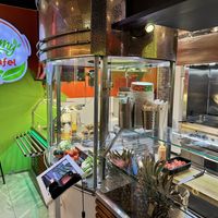 The restaurant is small but has some seating inside on tall stools   at Yummy Falafel in Oslo