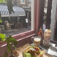 Loaded fries Gado gado, with Latte   at Karma Kebab in Amsterdam