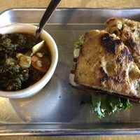 soup of the day (lentil and veggie) with ABLT on focaccia 😍  at Annapurna's World Vegetarian Cafe in Santa Fe