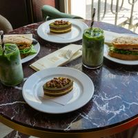 Vegan sandwich, vegan pistachio dessert, vegan matcha latte. at KAISER Patisserie in Gdansk