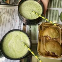 Matcha w/ coconut milk & matcha w/ oat milk & red bean cakes  at Moko's Matcha in Milan