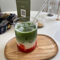 Strawberry puree, milk, matcha at Tea Stories in Amsterdam