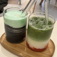 Strawberry matcha latte and Pandan black sesame matcha.   at Tea Stories in Amsterdam