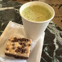 Brookie and an Oat Matcha Latte (to-go)  at Crew Collective & Café in Montreal