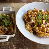 Spicy dumplings and mapo tofu on fries (so good!) at Broken Engrish in Studio City