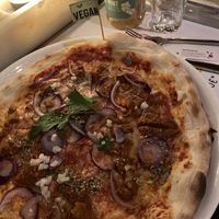 Pizza Bolognese Vegan (13,90 €) + Ice Tea Elderflower/Mint (5,50 €)  at Vapiano - Wien Mitte in Vienna