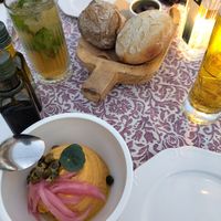 Fava beans, and bread and olives. There were more options for appetizers at 1500 BC in Santorini