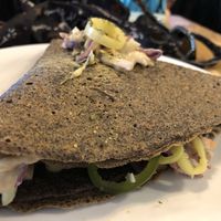 Special of the day (veganized)...tempeh, Daiya, mustard coleslaw, pickled jalapeños at Flint Crepe Company in Flint