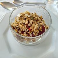 Cashew yogurt with granola and fruit at Brunch da Mari Marola in Rio De Janeiro