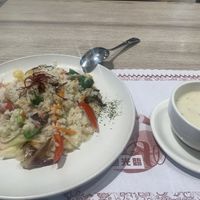 Creamy mushroom curry (and creamy soup?  Oops!)  at Yùjiàn Shū Shí Guǎn - 遇見蔬食館 in Pingtung