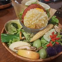 Rice burger with salad and roast vegetables at sunsuncoffee - 森森咖啡 in Taitung